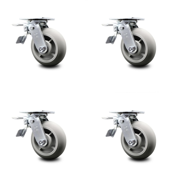 6 Inch Thermoplastic Rubber Caster Set with Roller Bearings and Total Lock Brake